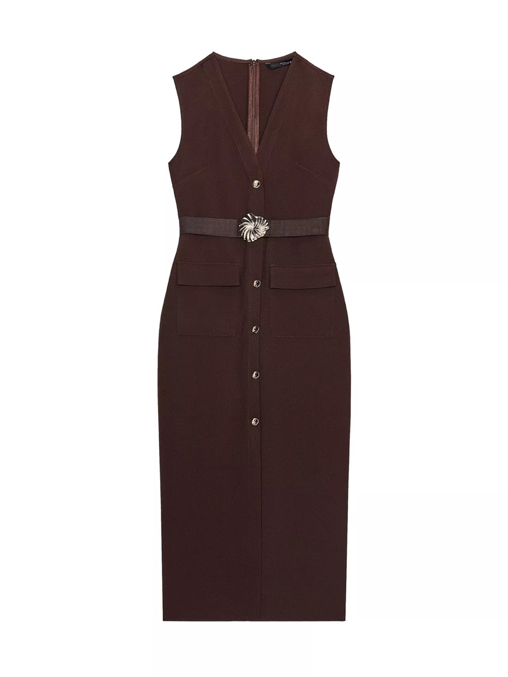 Zara Dark Brown Sleeveless Button-Front Sheath Dress with Decorative Belt